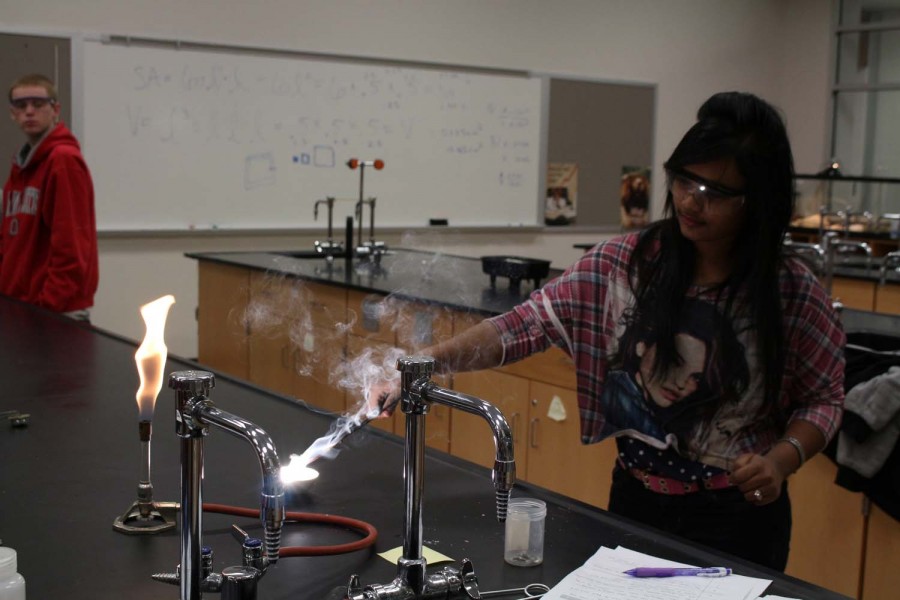 Junior San Thee burns magnesium for a chemistry lab on Jan. 22.