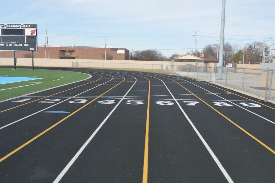 Numbers on the track as they appear at Perry Stadium. The girls track team hosts their first outdoor meet on Thurs. March 26, 2015.