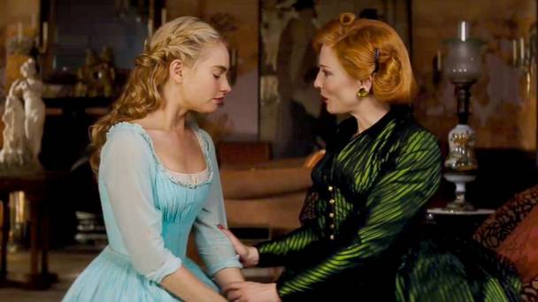 Cinderella (Lily James) and her stepmother (Cate Blanchett) have a discussion in the film. Cinderella was released March 13, 2015. Photo from www.independent.ie