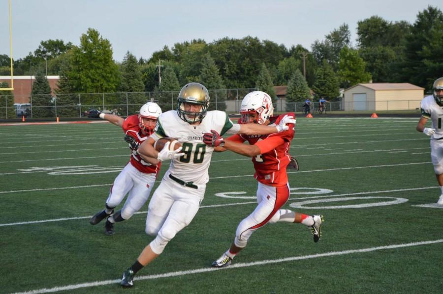 SHS’s defense attempts to tackle a Westfield player during the football game on Aug. 28. 