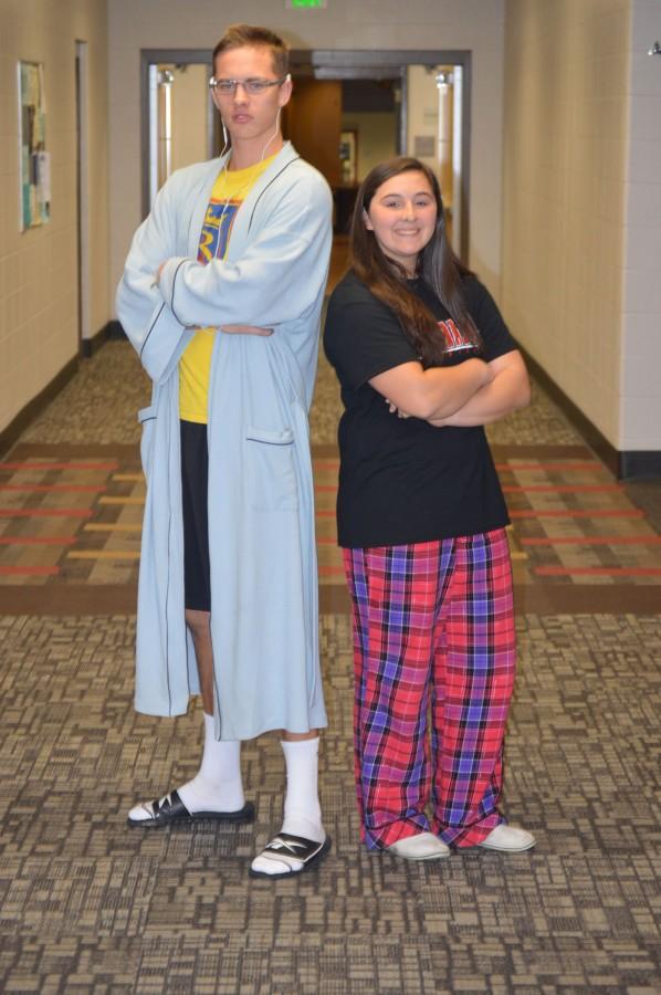 Junior Hunter Hightower and freshman Madelyn Knight show off their pajamas for the first day of the Riley Dance Marathon Spirit Week.