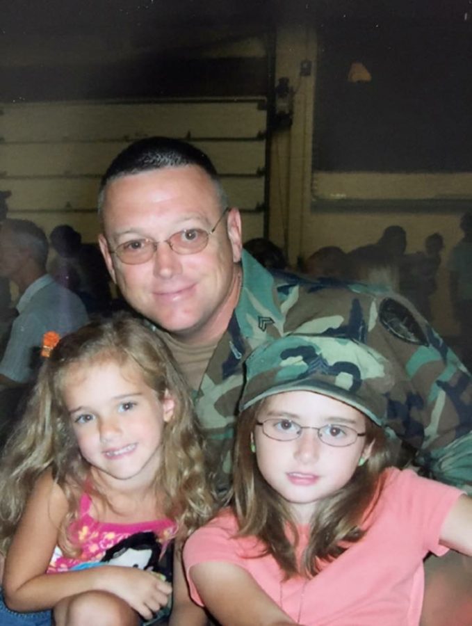 Sophomore Sophia Shook (Left) is pictured when she was 5-years-old with her older sister Shelby Shook (Right) and their father (Middle). Shook’s father was on a return home from being active in the army. 