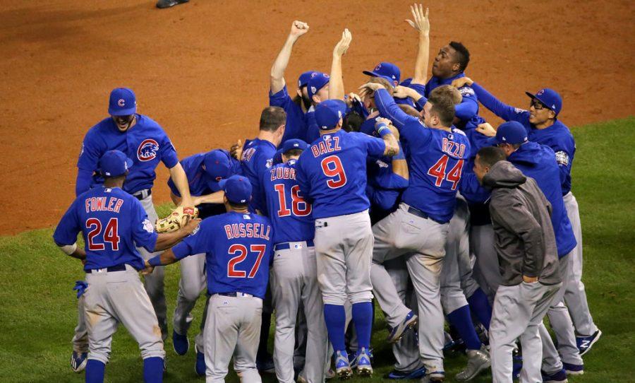 The Cubs celebrate after winning the World Series.