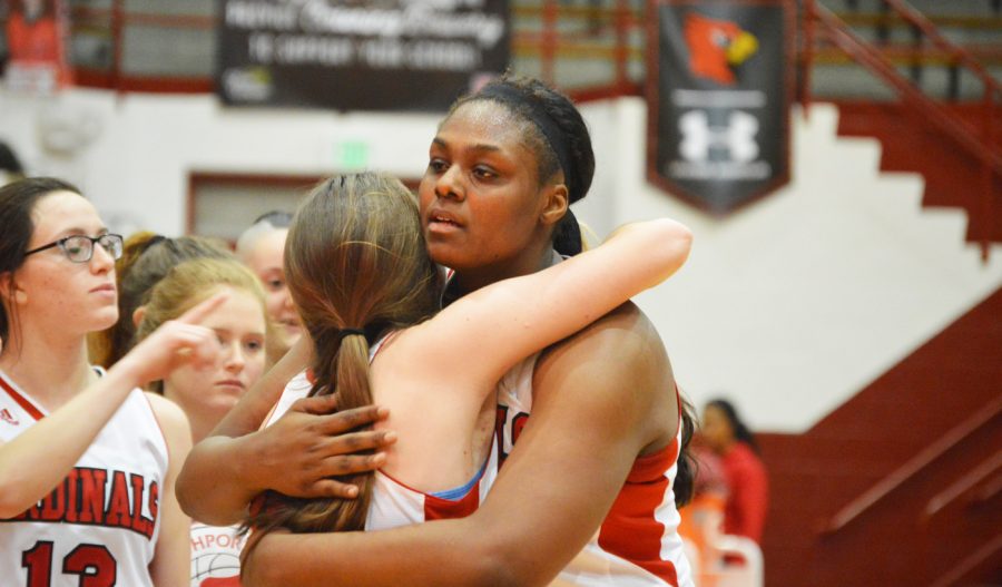 Seniors+Jaelencia+Williams+and+Lyndsey+Frieje+hug+at+the+end+of+the+game.+This+was+the+Lady+Cards+last+home+game+of+the+season.+