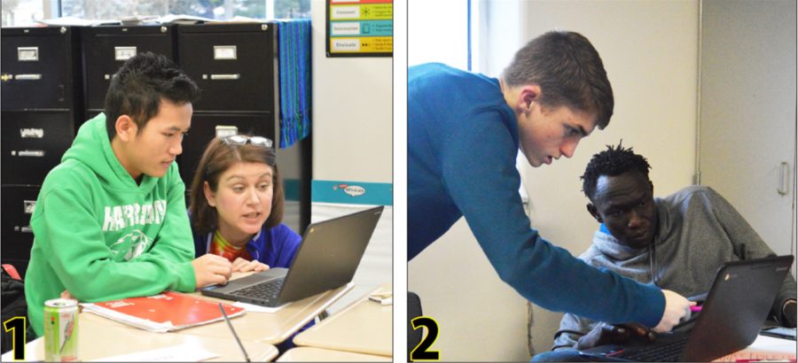 (1) Senior Ro Biak Lian works with EL teacher Amy Peddie during his ENL class on Jan. 13.  (2) Senior Dut Mabok (Right) gets aid from junior Luke Manning (Left) as they work on their Chromebook Jan.17.  