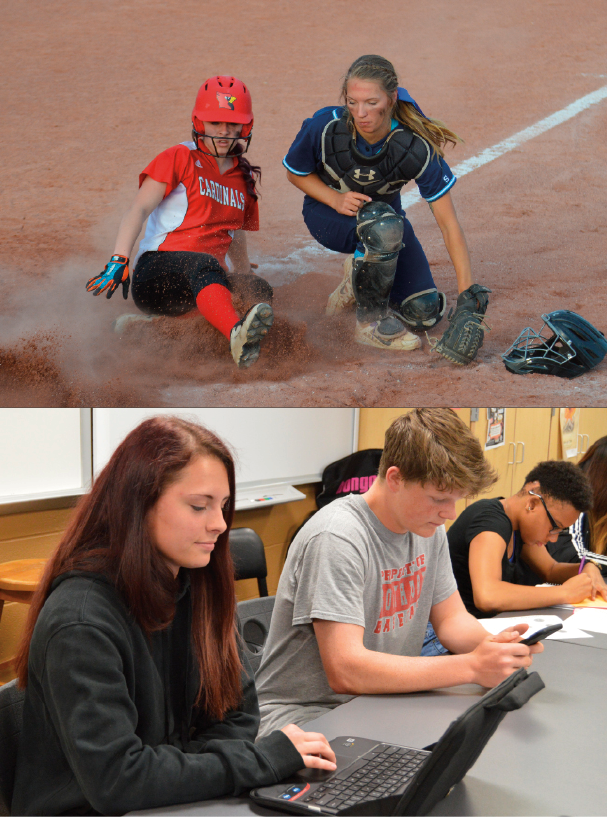{Bottom} Juniors Alexis Baker (left) and Pa’Tyn Pardue (right) work on classwork in ASL. Baker has to balance school work with a high game load. {Top} Baker slides into home against Perry Meridian High School. 