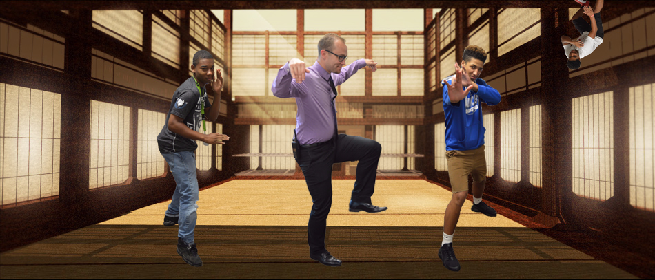 Principal Brian Knight (middle) demonstrates moves with seniors under the ninja aliases of “Ricardo” (left), “Leo” (right) and “Von” (above right.) 