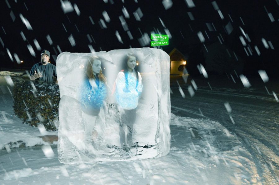 Sophomores Dani Mitchell (left) and Chloe Price (right) freeze while waiting for the bus in the morning last Thursday. “I guess Venus was out-of-line today,” Mitchell said after defrosting.