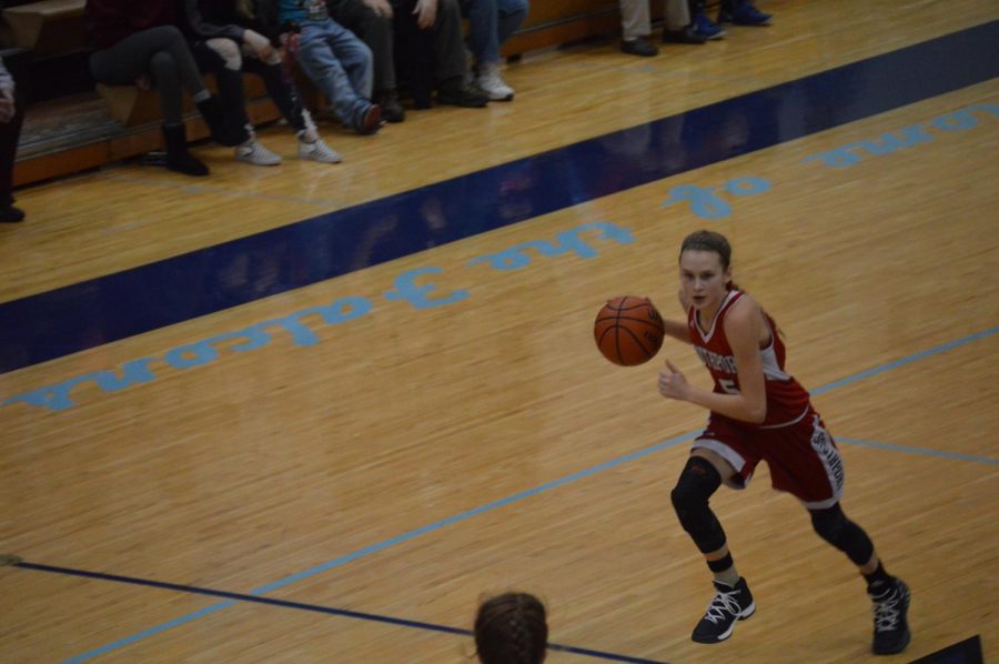 Sophomore Lexie Green dribbles against the Perry Meridian defense on Jan. 19. SHS lost in a last second shot.