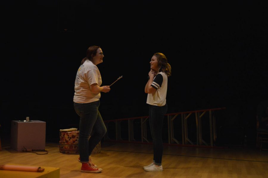 Senior Mary Pat Miller and junior Caitlin Lindbeck rehearse their scene in The Final Dress Rehearsal after school on Tuesday, Feb. 12. The Final Dress Rehearsal  along with 15 Reasons Not To Be in a Play will be performed by the SHS theater department on Feb. 28, March 1, 7 and 8 at 3 p.m. and 7 p.m. 
