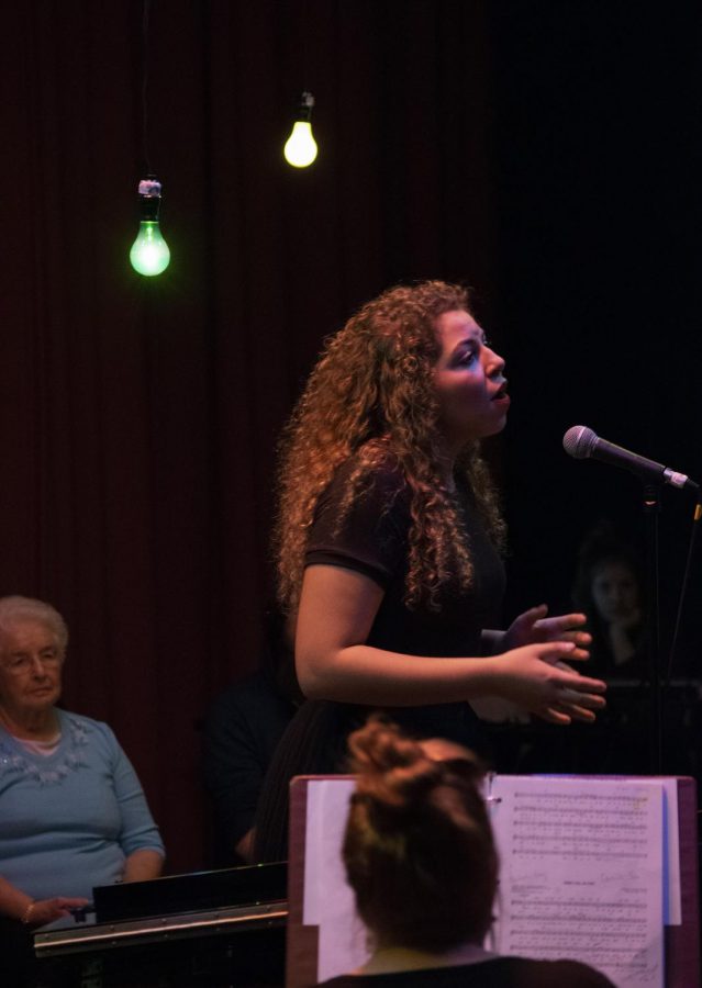 Senior Camille Khelseau performs the first jazz solo of the night at the Premium Blend cabaret concert on Thursday, Feb. 21.