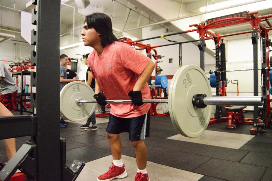 Tello performs a bent-over barbell row in weight class.