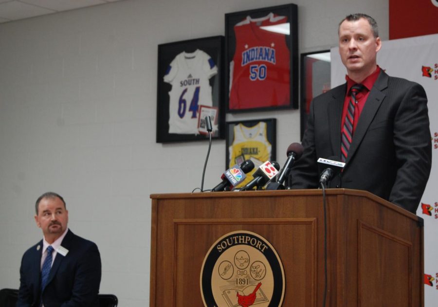 Head boys basketball coach Eric Brand explains his role in the violation of IHSAA rules at the press conference on Nov. 26. This was all about me trying to protect a young man, Brand said.