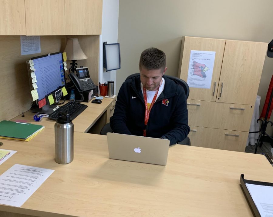 Assistant Principal Andrew Ashcraft works in his office at SHS. He will be taking over the job of principal at SMS for the upcoming school year.