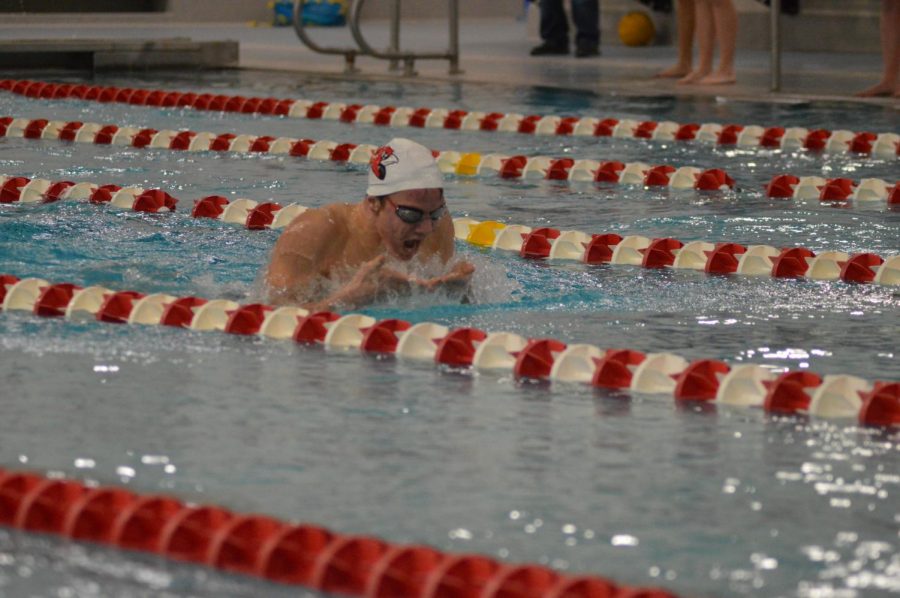 Senior+Daniel+Hiller+performs+the+breaststroke+during+the+third+pass+of+the+200+yard+IM.+Hiller+decided+to+go+all-virtual+to+avoid+being+quarantined+during+his+season.