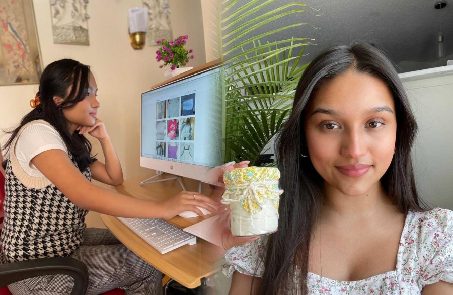 (Left) Junior Shen Bu checks on her Instagram shop. She hopes to post jewelry soon. (Photo contributed by Shen Bu)
(Right) Junior Pilar Nava poses with her latest body butter. She recently started selling skincare. (Photo contributed by Pilar Nava)