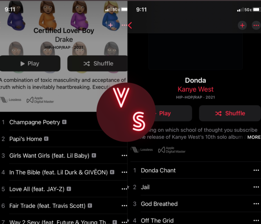 Drakes album Certified Lover Boy and Wests album Donda side by side. The albums were released in September and August respectively. 
