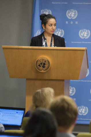 Florencia Soto Niño speaking at the press briefing by Ambassador Elayne Whyte Gómez (Costa Rica), President of the United Nations Conference to Negotiate a Legally Binding Instrument to Prohibit Nuclear Weapons, Leading towards Their Total Elimination