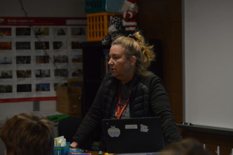 English teacher Dawn Fowerbaugh discusses submissions for a recent assignment with her students. This regarded a philosophical journal entry in her AP Language class. 