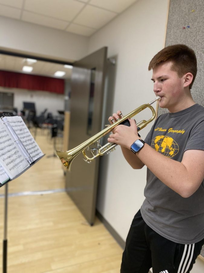 Senior Andrew Nguyen practices his music for Indiana All-State Band on Feb. 20. He is the first person from SHS to make it to this band in 26 years. 