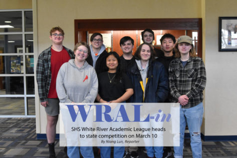 WRAL competitors gather together for a group photo. Back row, from left to right: sophomore Cooper Gannon, seniors Matthew Ritchie, Eli Honey, Nathan Arndt and Tony Jing. Front row, from left to right: junior Natalie Walker, senior Mary Cer, junior Jonah Gotkin and sophomore Sam Shelburn at University High School on Saturday, March 10. 