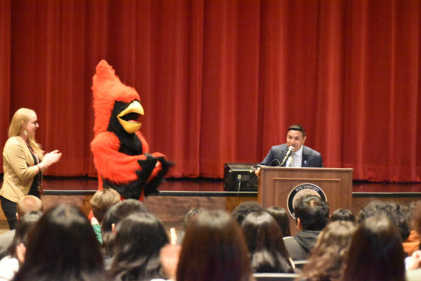 Indiana Secretary of State Diego Morales delivers an encouraging speech to SHS students. 
photo contributed by The Anchor 