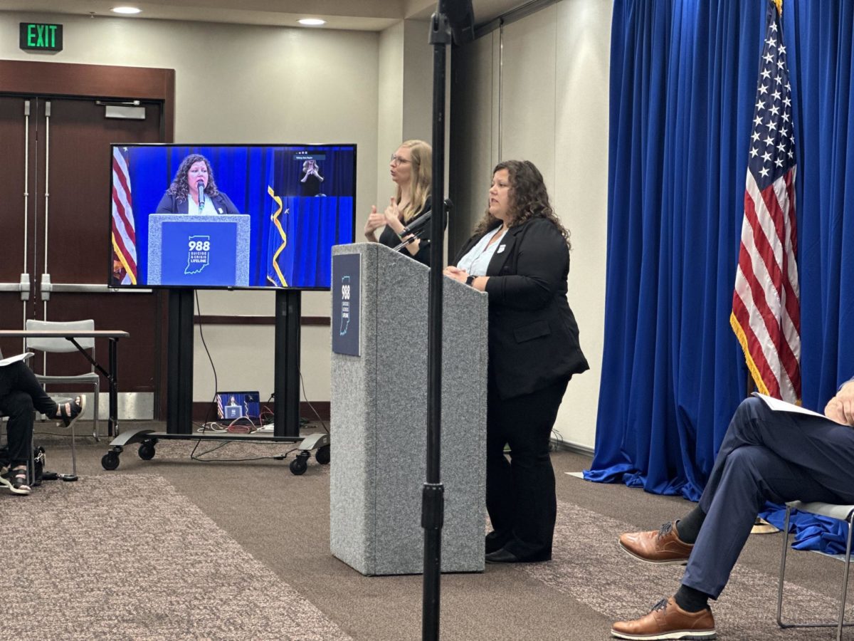 State Director of Behavioral Health Crisis Care Kara Biro speaks at the 988 briefing on Sep. 12. She later showed a video that presented the impact that the 988 Lifeline has made on struggling Hoosiers.