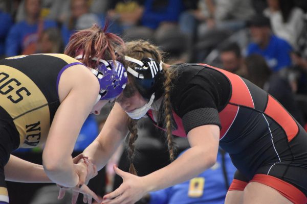 Senior Avalyn Mosconi gets in a starting stance at the begining of her match. Mosconi was one of the three wrestlers from SHS that competed at state. photo by Caydence Davis.