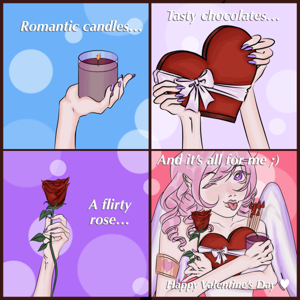 A 4-panel Valentine's Day Comic First Panel: "Romantic candles" with a purple-nailed pale hand holding a lit plum coloured candle Second Panel: "Tasty chocolates" with the same hand holding a red heart chocolate box, adorned with a white bow Third Panel: "Flirty rose" the same hand again holding a single rose Fourth Panel: "And it's all for me ;) Happy Valentine's Day Heart Emoji" the owner of the hands, Cupid, being seen holding all three objects, along with a few red-tipped arrows. She is seen with pink, curly hair, a white dress, white angel wings, and a gold upper arm cuff with a pink heart design. She also has pointed elvish ears and a playful purple-eyed wink with her tongue out. Hope you enjoyed friends!