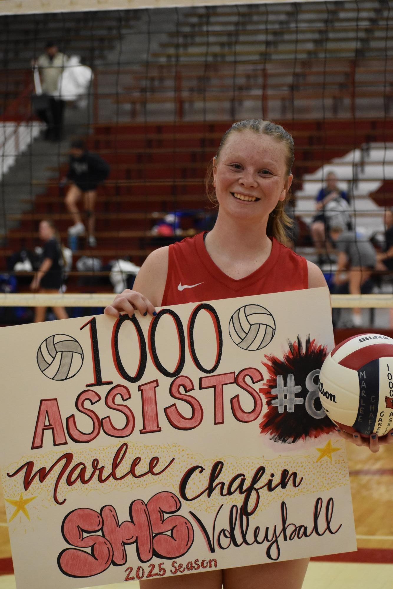 On Tuesday, Sept. 9., junior Marlee Chafin reaches 1,000 career assists against Columbus North. Though they lost 0-3, Chafin received the game ball and a poster made by English teacher Jessi Walpole. 