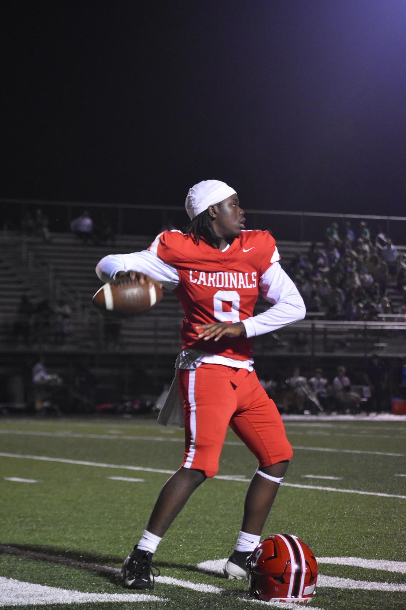 Brandon warms up at halftime during the Homecoming game on Sept. 19. The Cards fell 54-0.