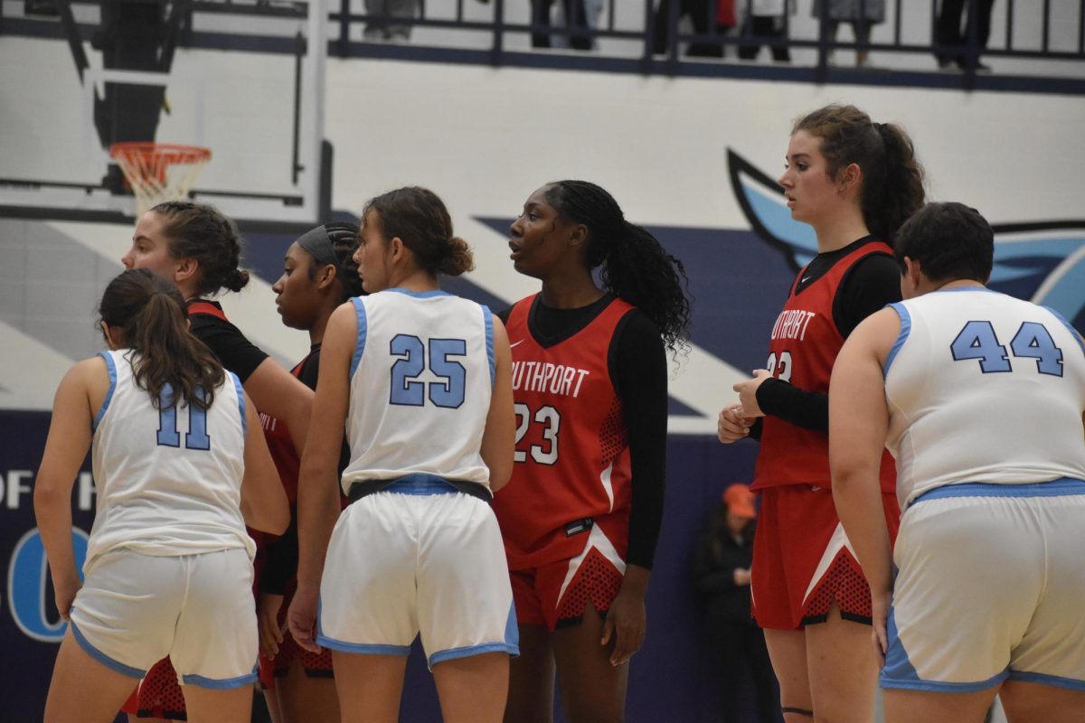 The Lady Cards line up, awaiting the inbound pass. The Lady Cards fell to Perry Meridian 57-44
