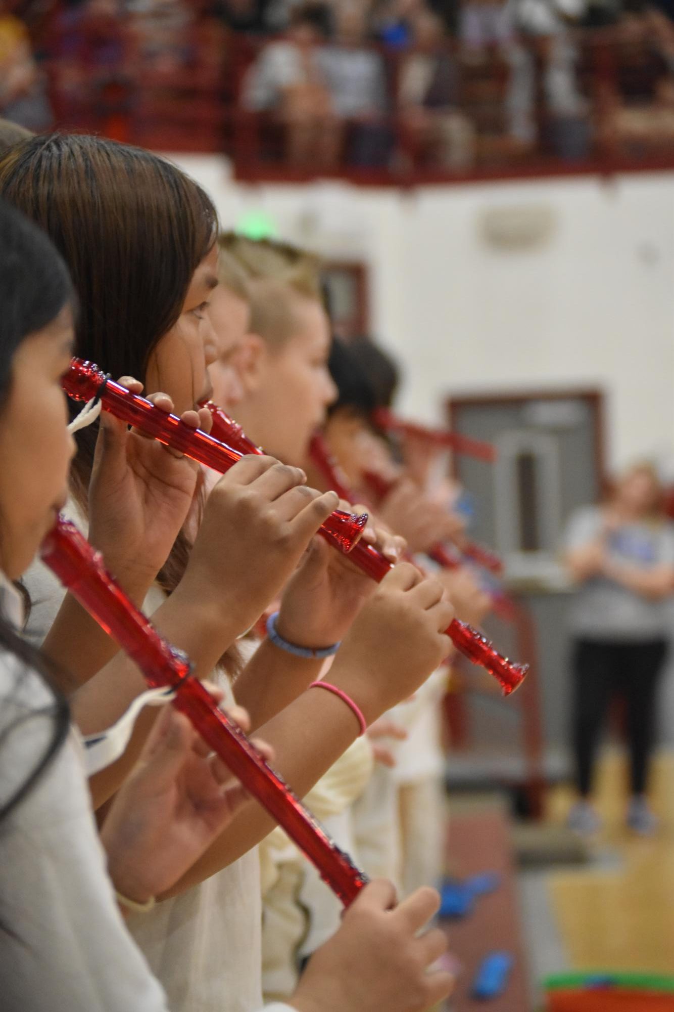 The fourth-grade ensemble blows into their recorders. They performed three pieces as a group and contributed to four performances that also included the third and fifth graders. 