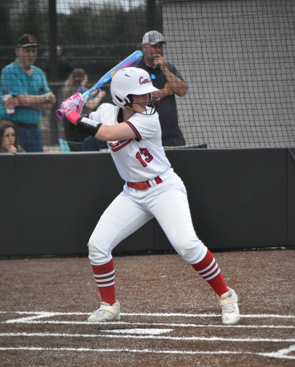 Sophomore Natalie Vaeth loads back into her stance awaiting the pitch. Vaeth finished the night batting 1.000.
