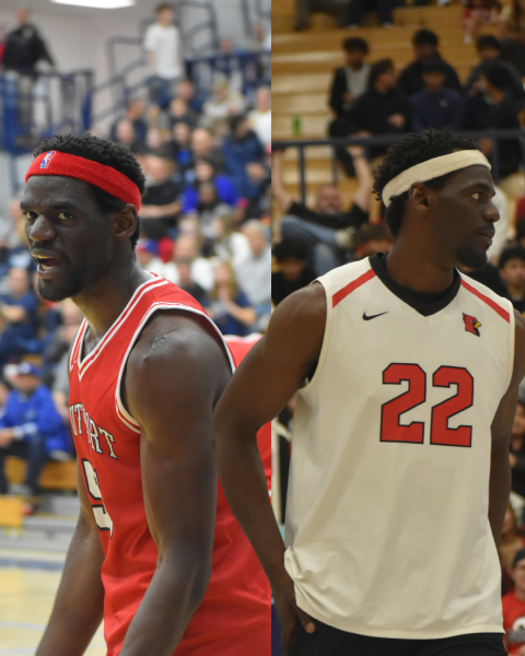 (Left) Senior James Kalala shouts after a foul was called during the Battle of the Birds basketball game on Nov. 25. (Right) Kalala looks back to watch the ball being served on April 3 during a volleyball game.