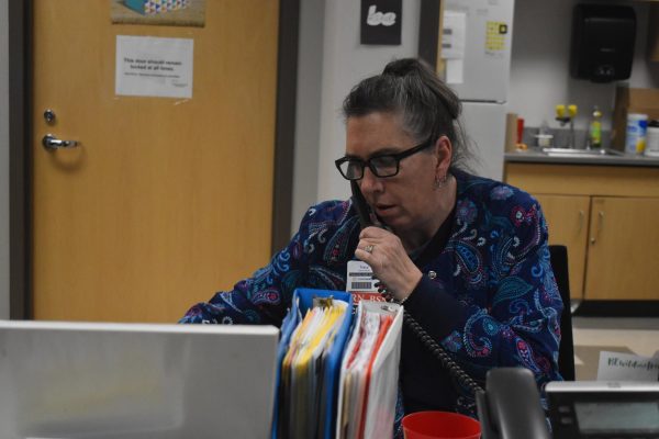 School nurse Tracy Chupp answers the phone. Nursing is one of the "unprofessional" degrees, according to the bill. 